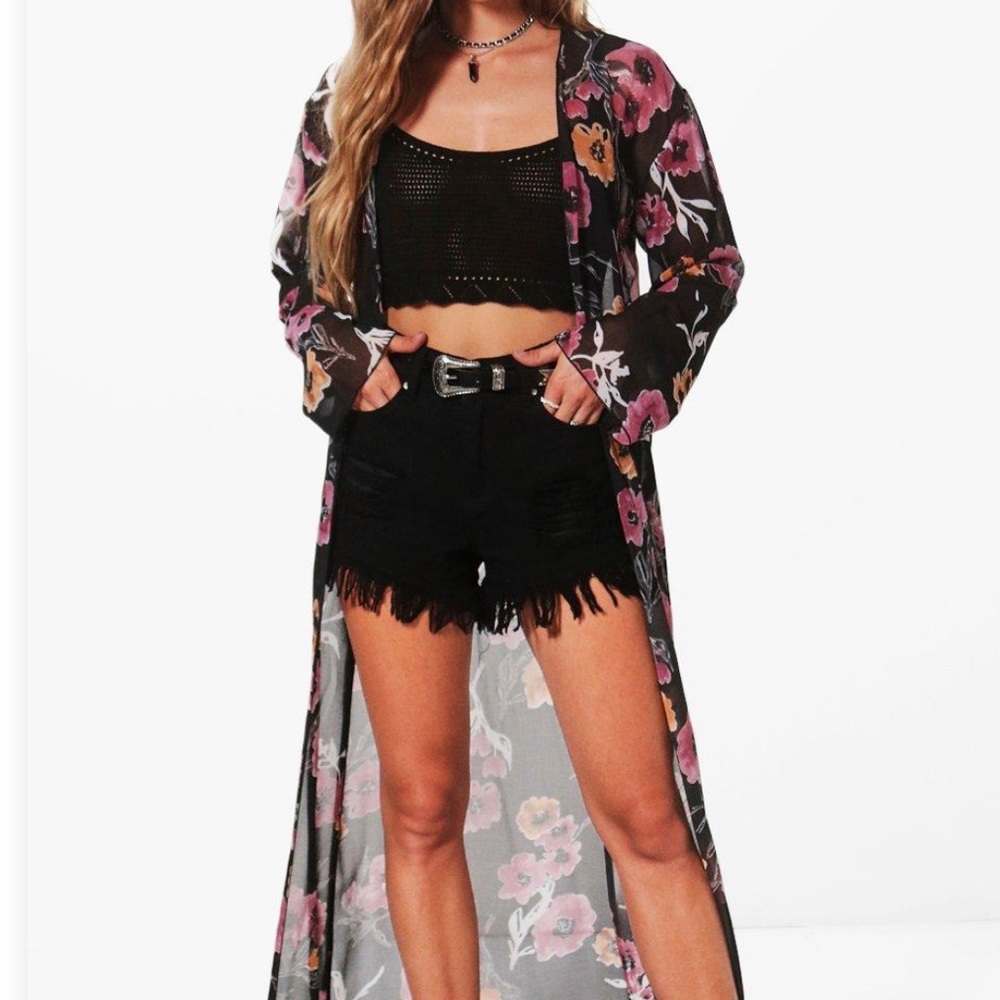 BOOHOO MAXI FLORAL CHIFFON KIMONO